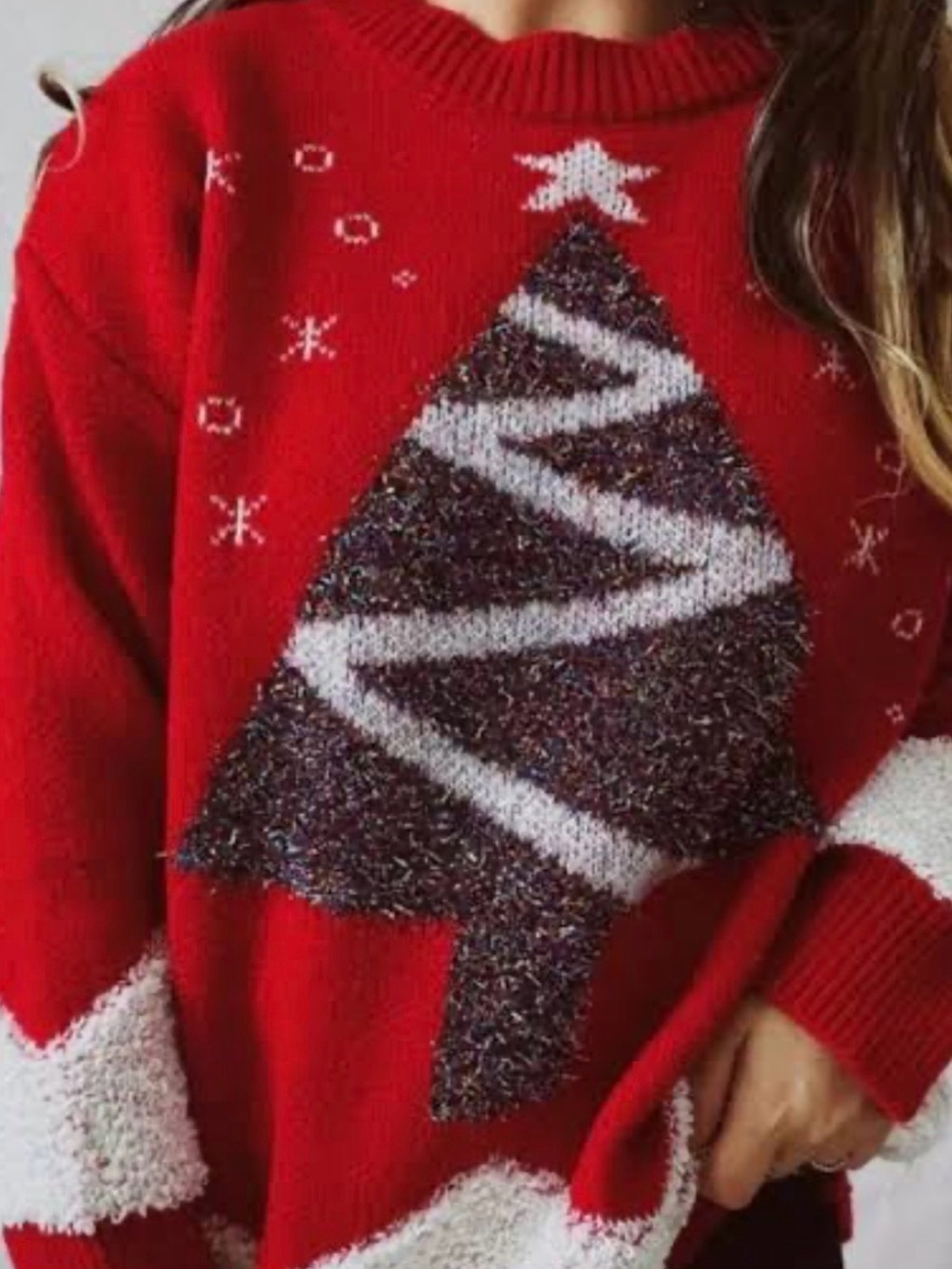Oversized Red Christmas Tree Sweater Cozy Sherpa Snow Hem, One Size